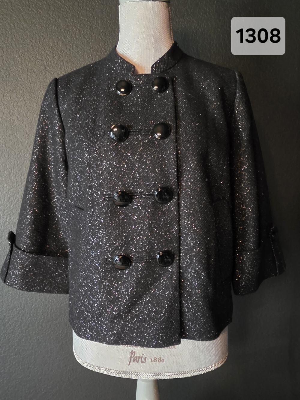 Halogen Black Sparkle Double-Breasted 3/4 Sleeve Pea Coat